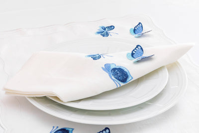 FineLeaf Guardanapos de Mesa Blue Guardanapos de Mesa em linho Branco <br> Borboletas Monocromático