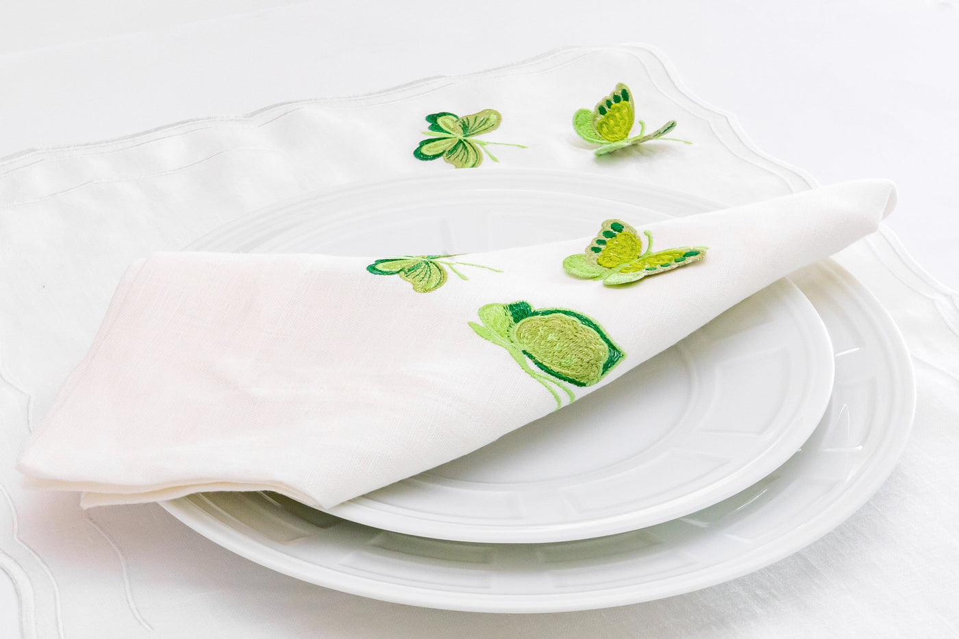 FineLeaf Guardanapos de Mesa Green Guardanapos de Mesa em linho Branco <br> Borboletas Monocromático